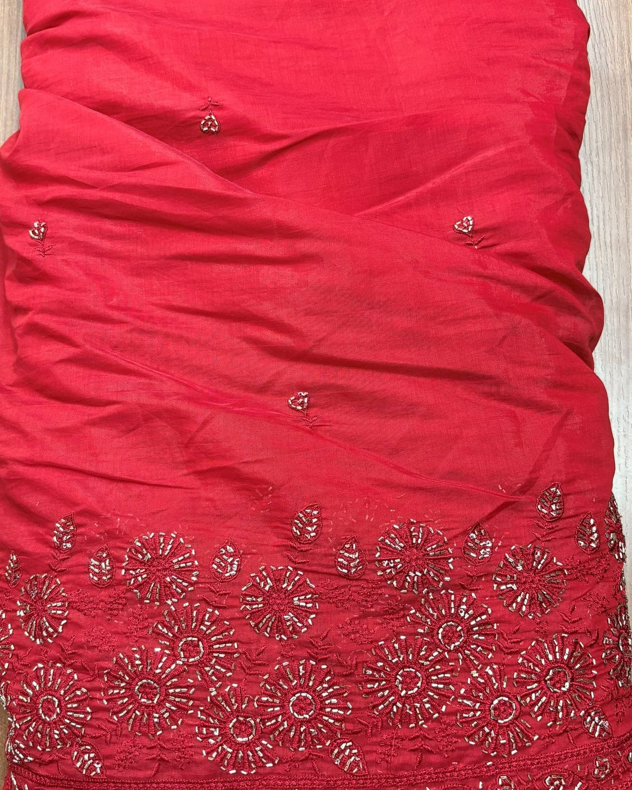 Red chiffon with embroidered border